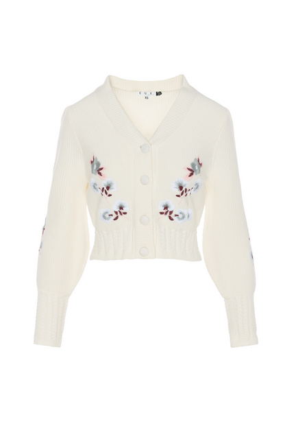 Embroidered Cropped Cardigan Cream