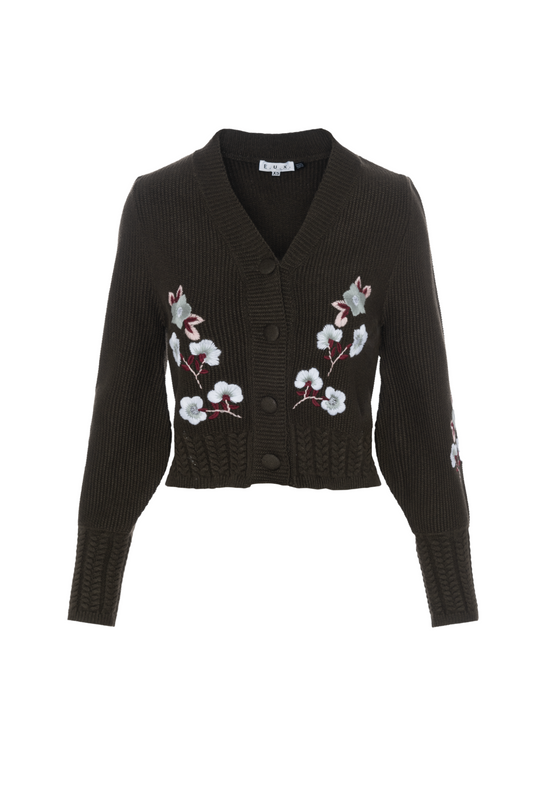 Embroidered Cropped Cardigan Dark Olive