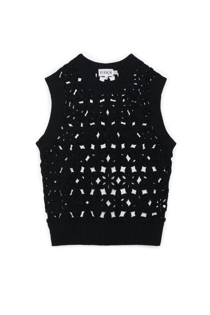 Flower Crochet Knit Vest Black