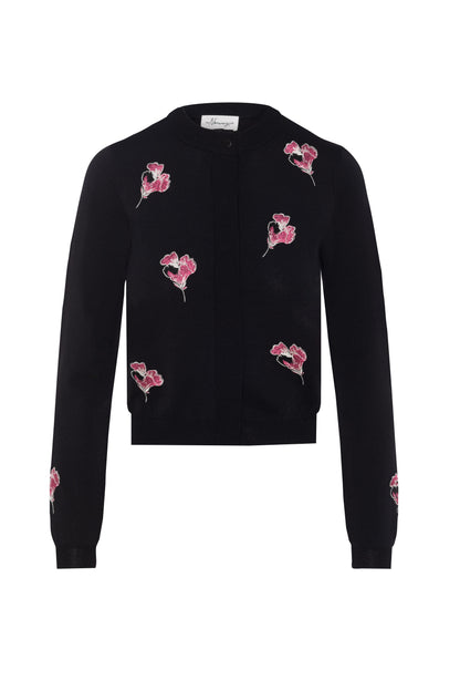 Embroidered Knit Cropped Cardigan Black Pink