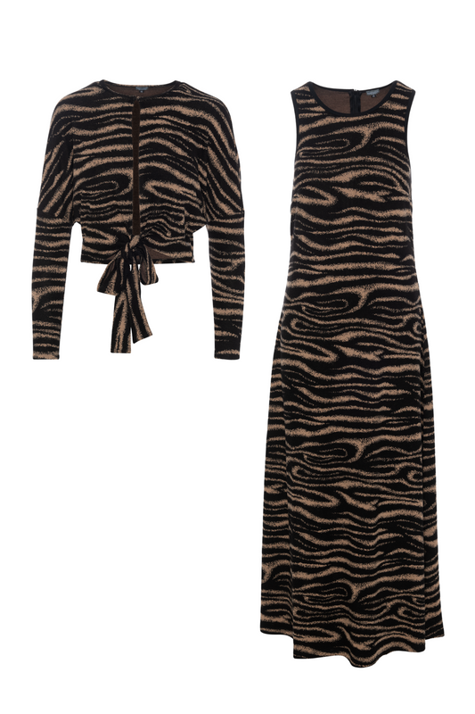 Striped Knit Maxi 2 Pieces Set Black Beige