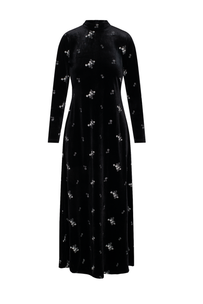 Embroidered Velour Maxi Dress Black