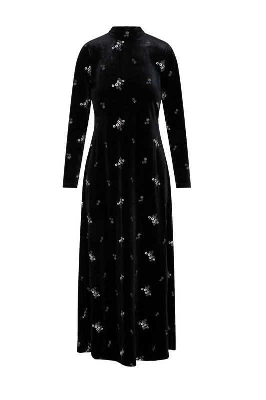 Embroidered Velour Maxi Dress Black