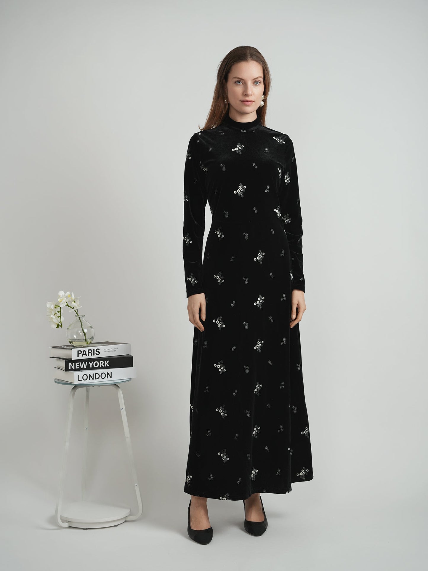 Embroidered Velour Maxi Dress