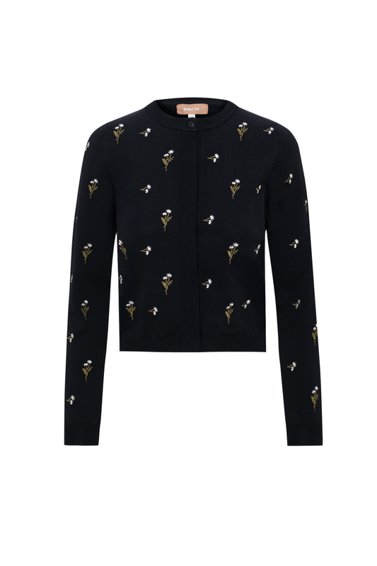 Embrodered Knit Cropped Cardigan Black