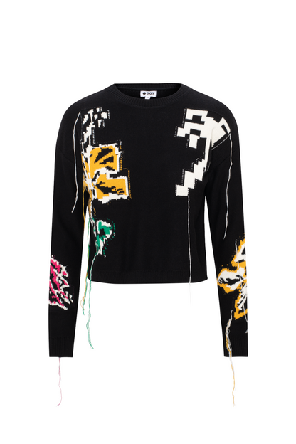 Cropped Floral Fringe Sweater Black