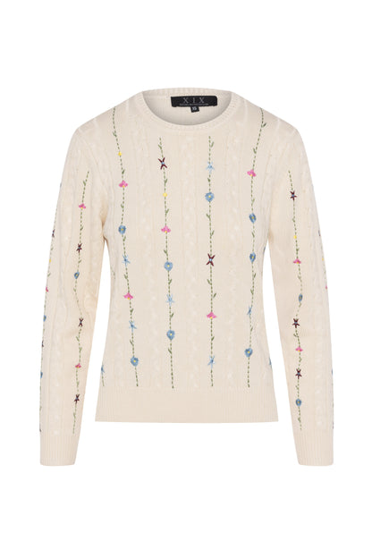 Embroidered Cable Sweater Cream