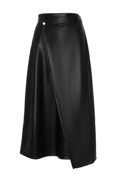 Leather Wrap Midi Skirt Black
