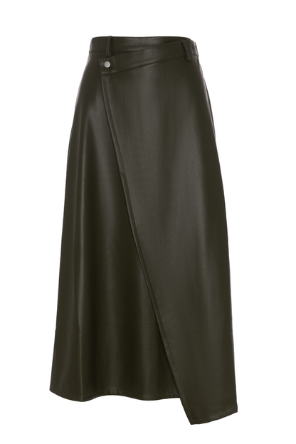 Leather Wrap Midi Skirt Dark Olive