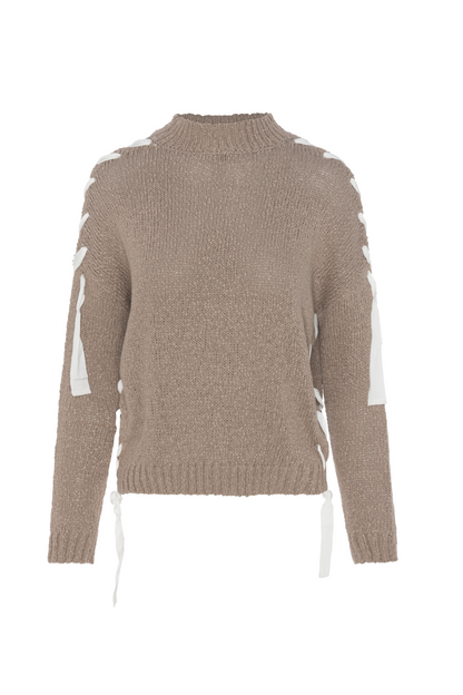 Mock Neck Ribbon Sweater Light Oatmeal