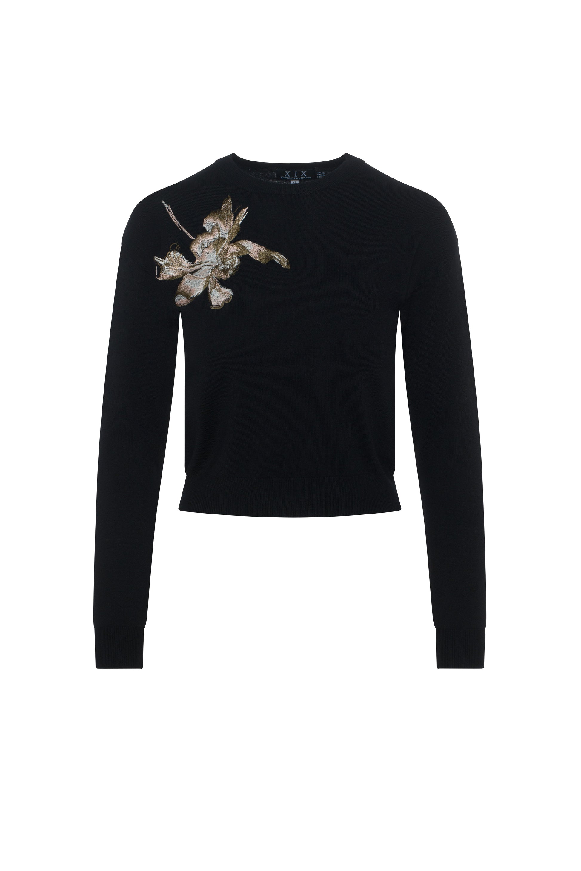 Crew Neck Floral Embroidery Sweater Black Blush