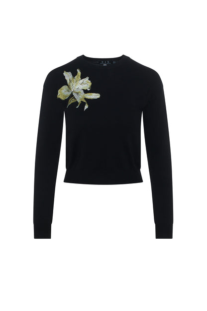 Crew Neck Floral Embroidery Sweater Black Olive