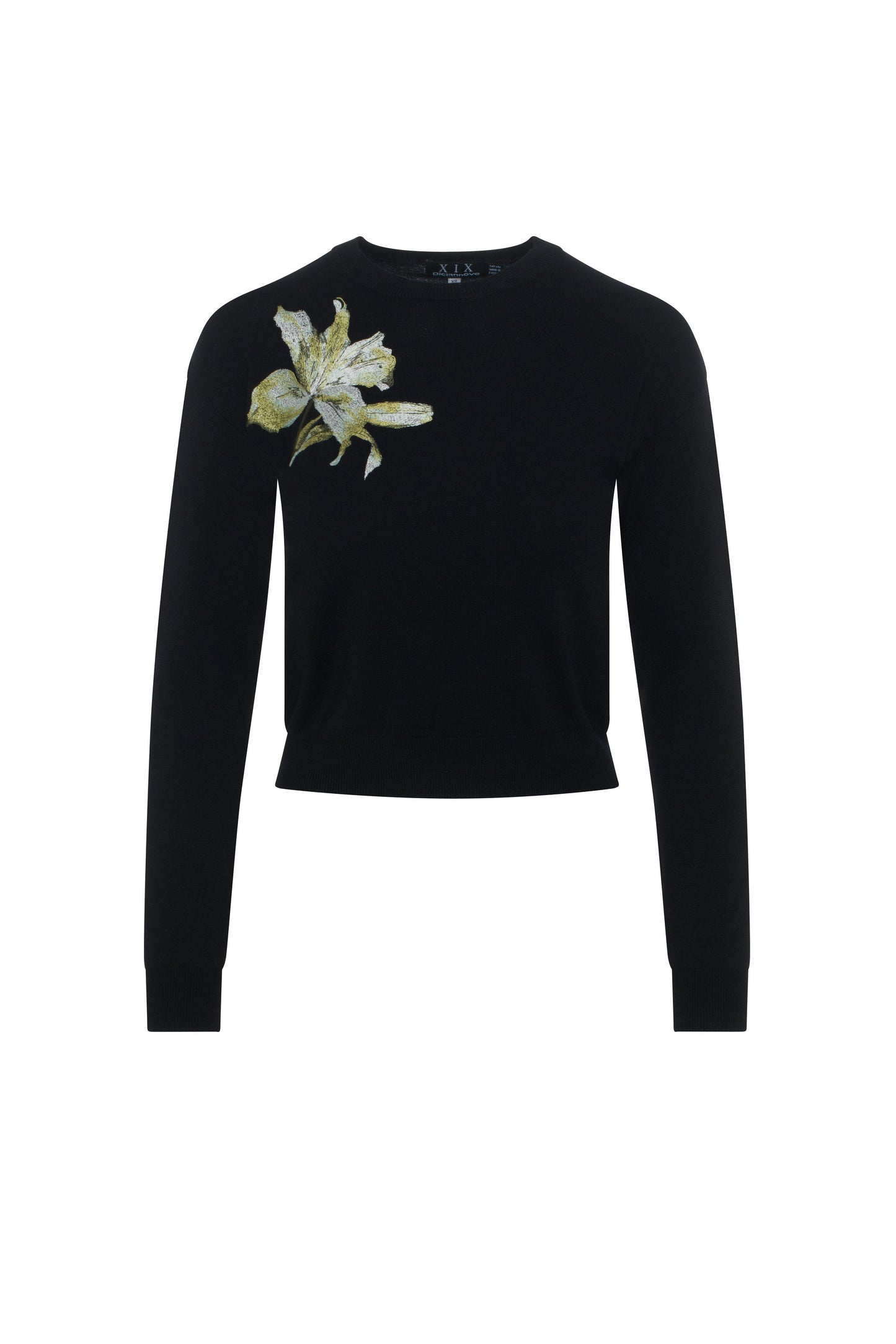 Crew Neck Floral Embroidery Sweater Black Olive