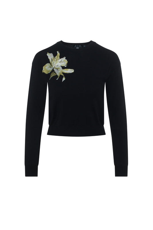 Crew Neck Floral Embroidery Sweater Black Olive