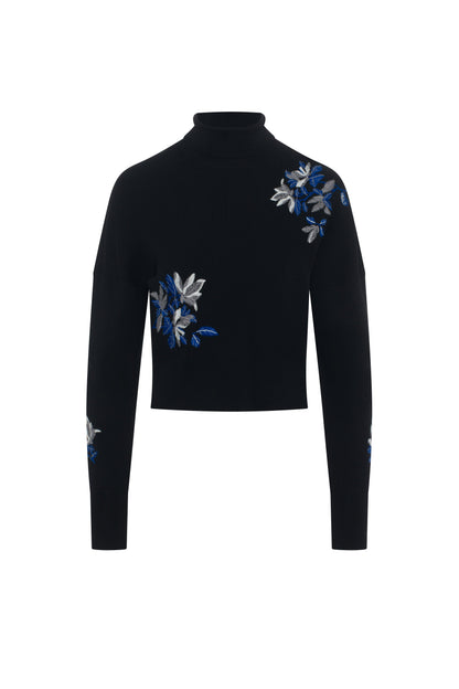Embroidered Knit Mock Neck Black