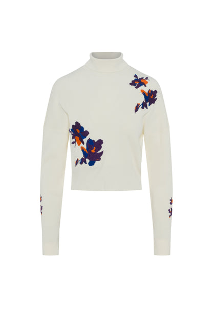 Embroidered Knit Mock Neck Cream