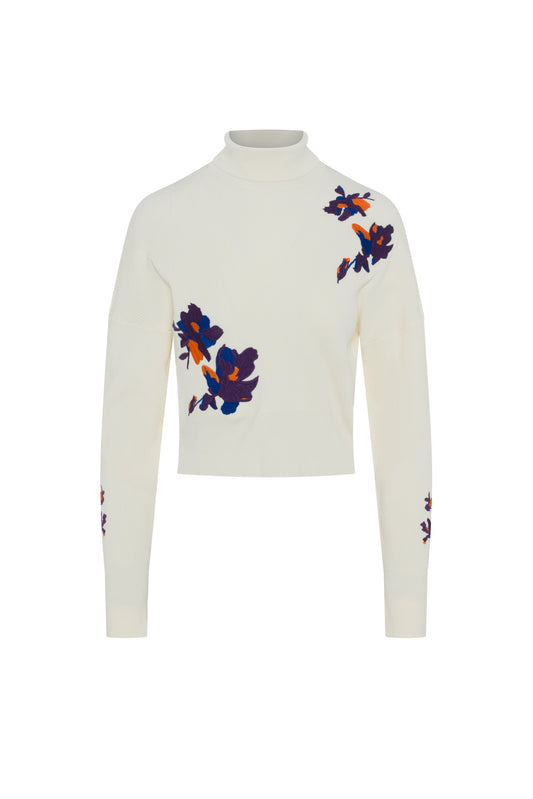 Embroidered Knit Mock Neck Cream