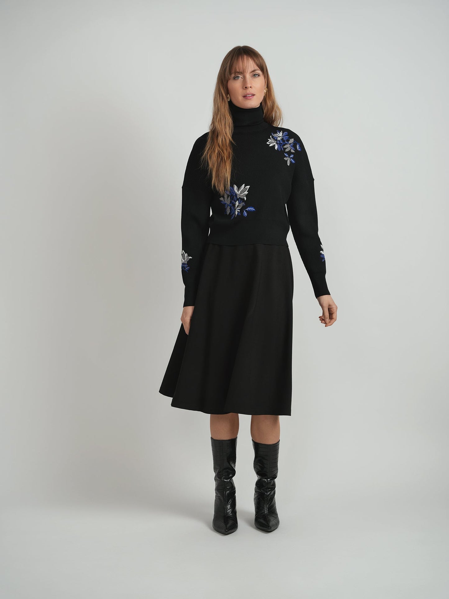 Embroidered Knit Mock Neck