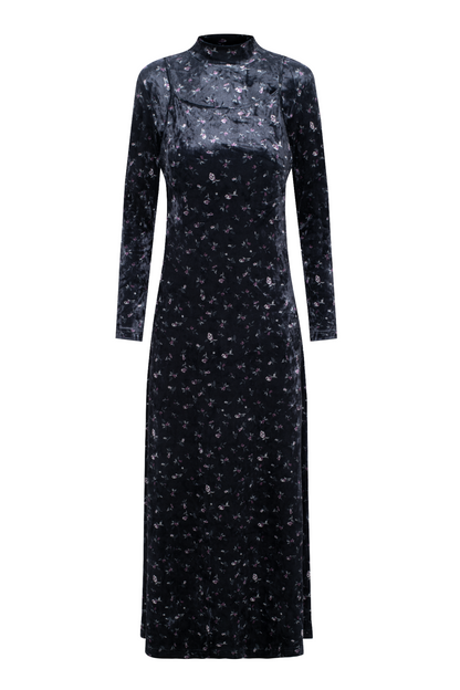 Printed Velour Maxi Jumper Mock Neck Charcoal