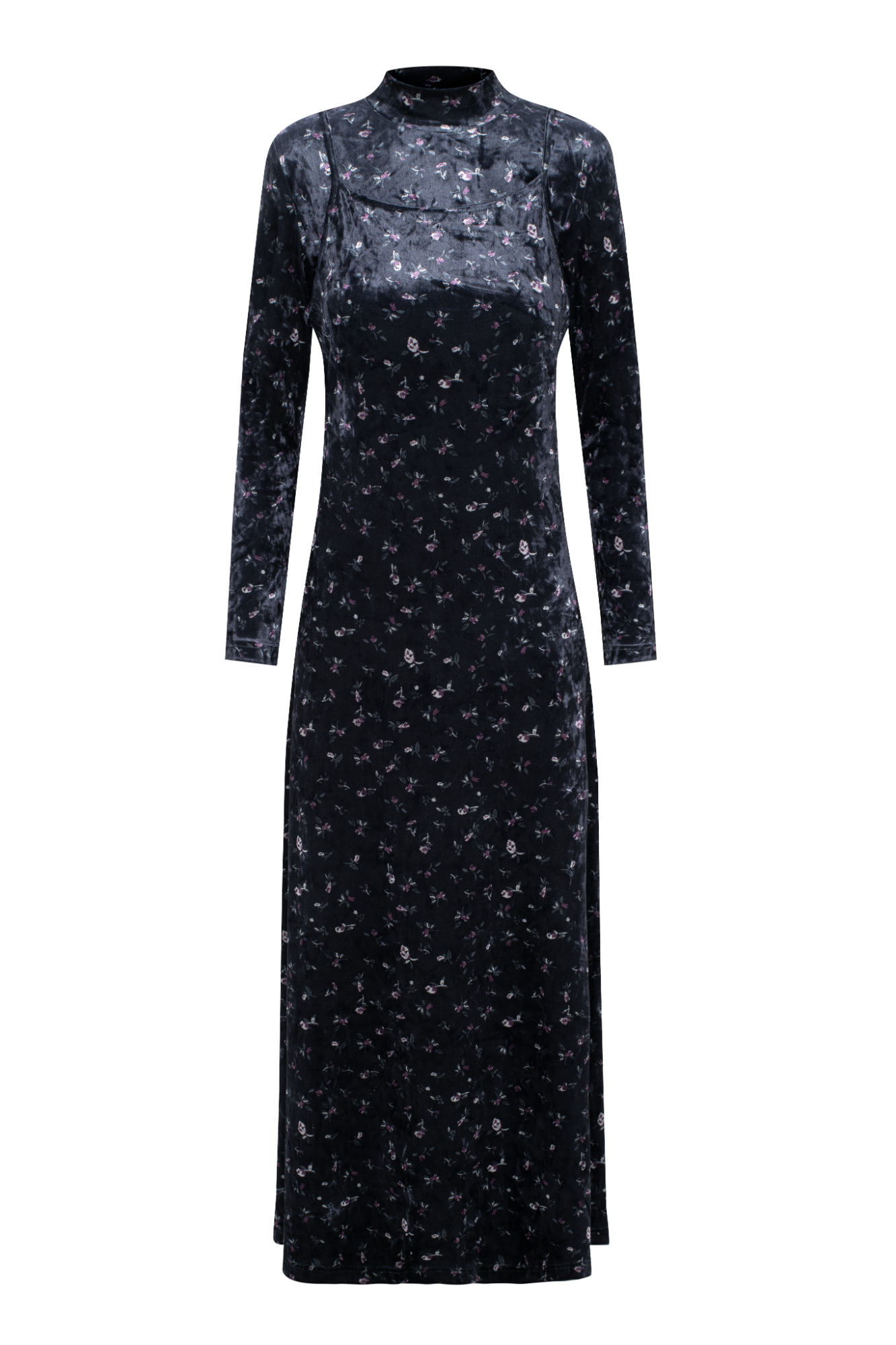 Printed Velour Maxi Jumper Mock Neck Charcoal