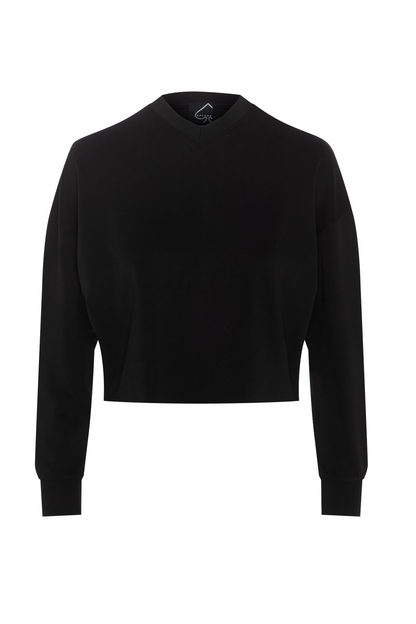 Ribbed V Neck Cropped Sweat Shirt Black