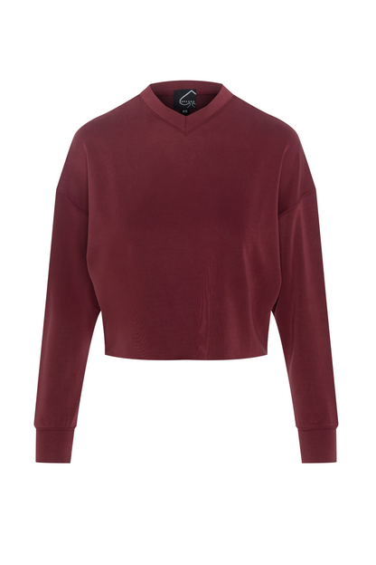 Ribbed V Neck Cropped Sweat Shirt Burgundy