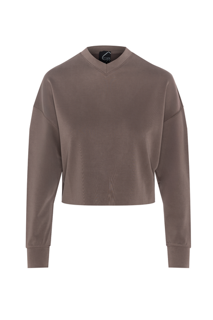 Ribbed V Neck Cropped Sweat Shirt Mocha