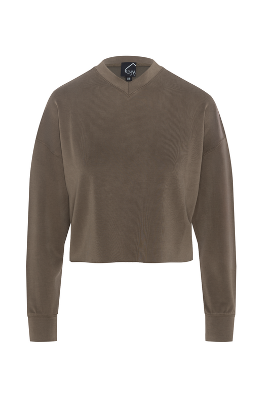 Ribbed V Neck Cropped Sweat Shirt Olive