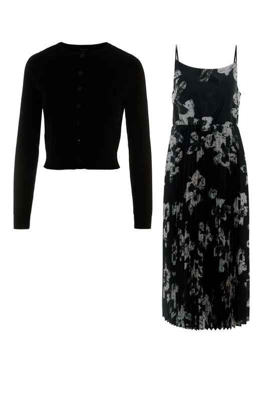 Midi Pleated Jumper with Cropped Cardigan Black