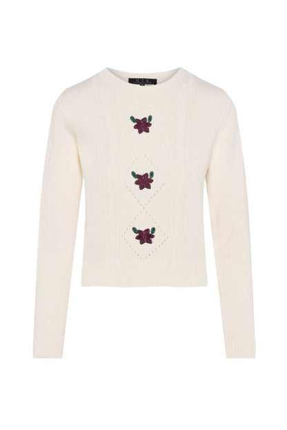 Cable Knit With Embroidery Cream
