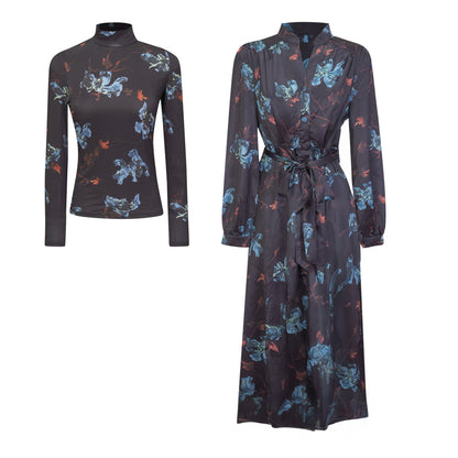 Printed Midi Dress Set Black