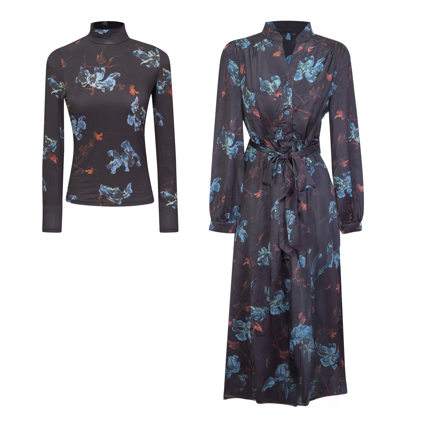 Printed Midi Dress Set Black