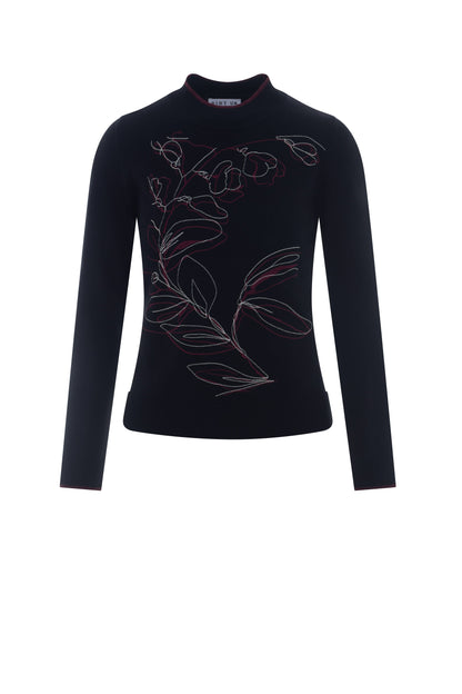 Printed Shirred Mock Neck Sweater Black
