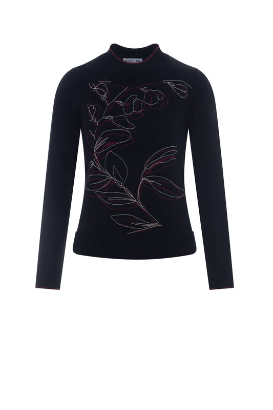 Printed Shirred Mock Neck Sweater Black