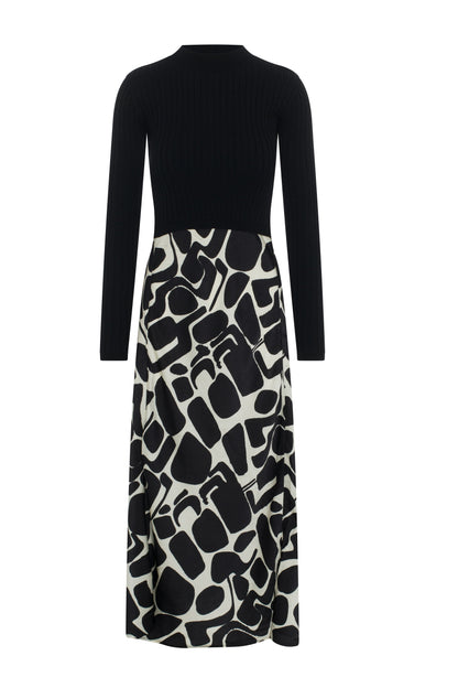 Mock Neck Midi Printed Dress Black