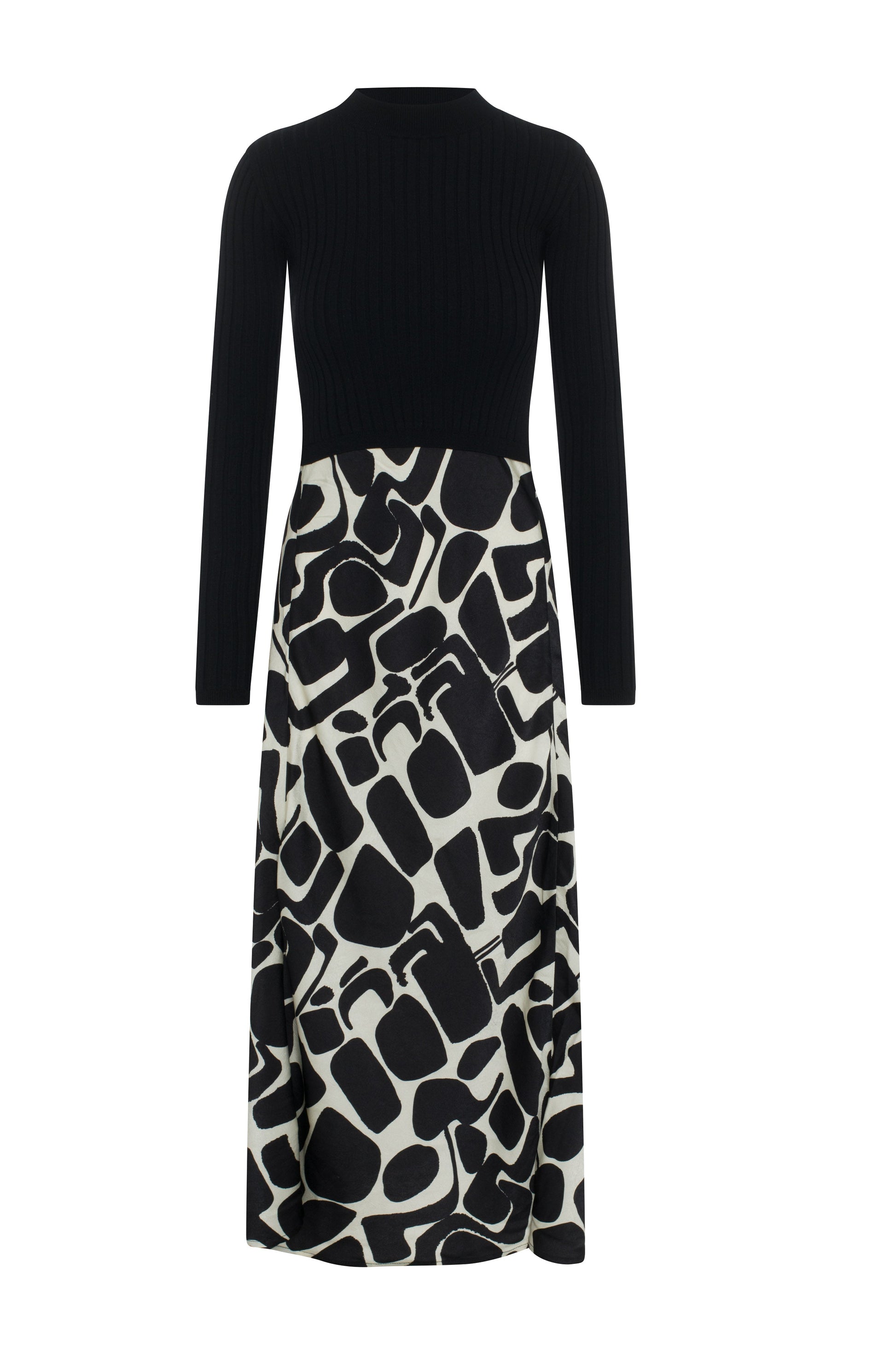 Mock Neck Midi Printed Dress Black