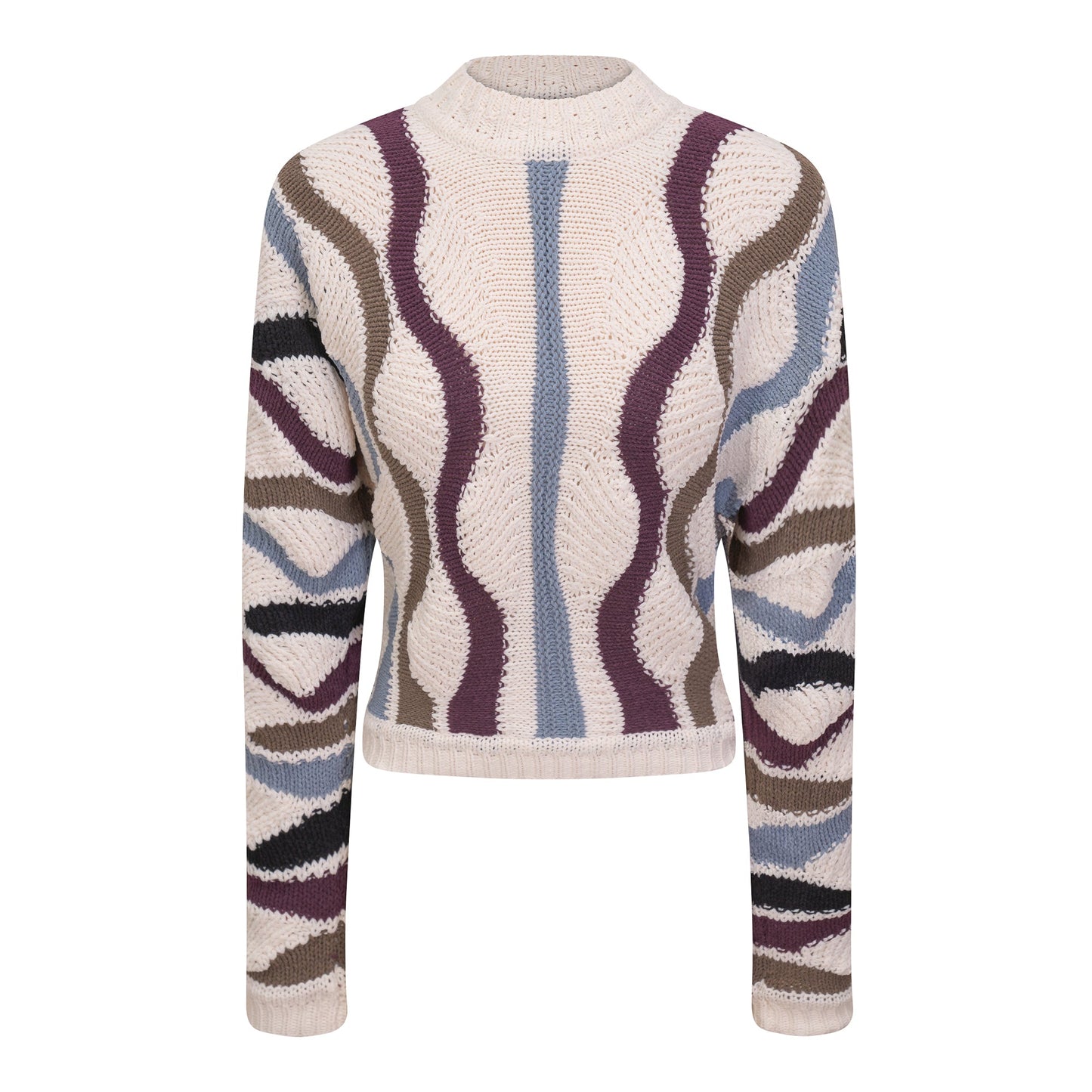 Color Blocked Knit Sweater Cream Light Denim Wine