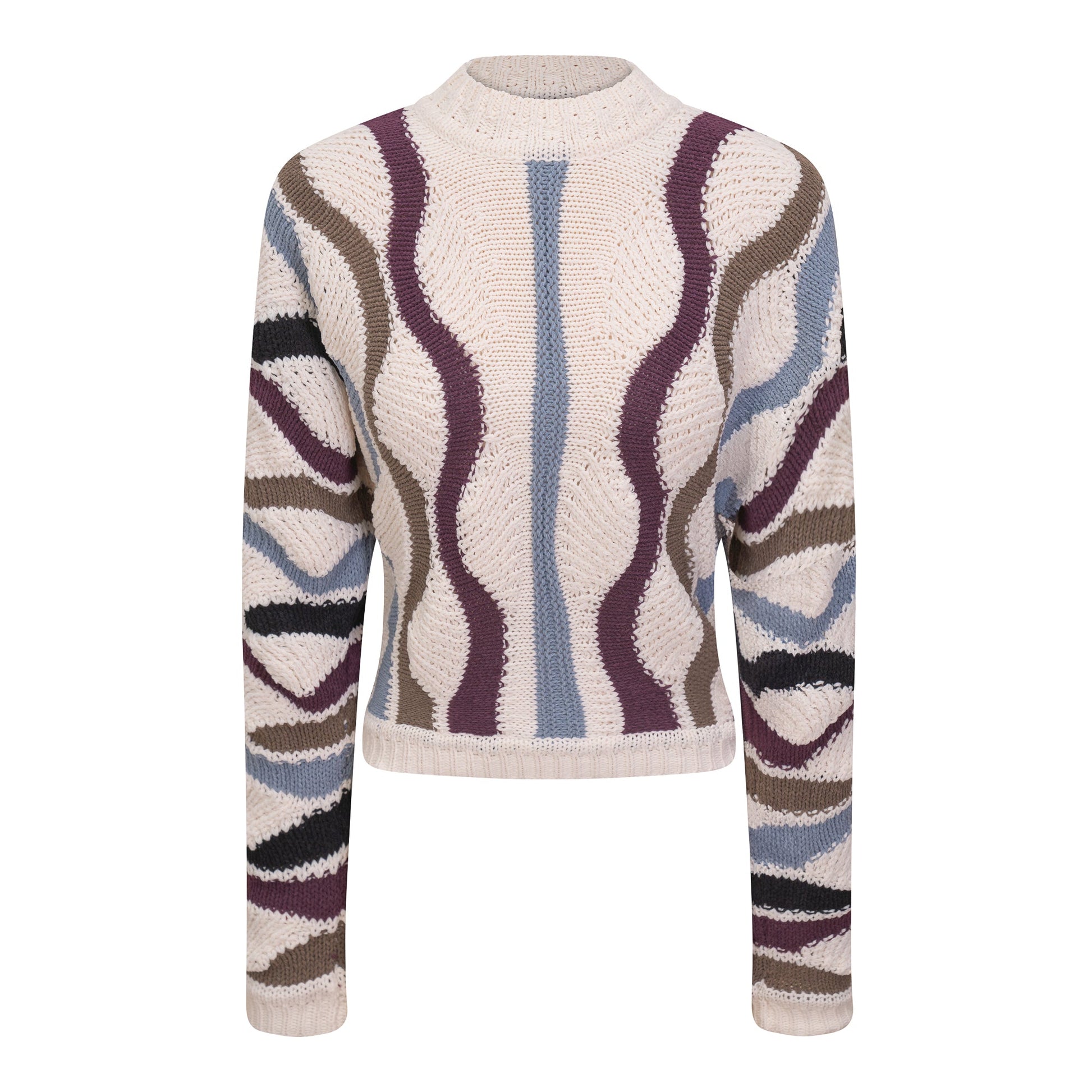 Color Blocked Knit Sweater Cream Light Denim Wine