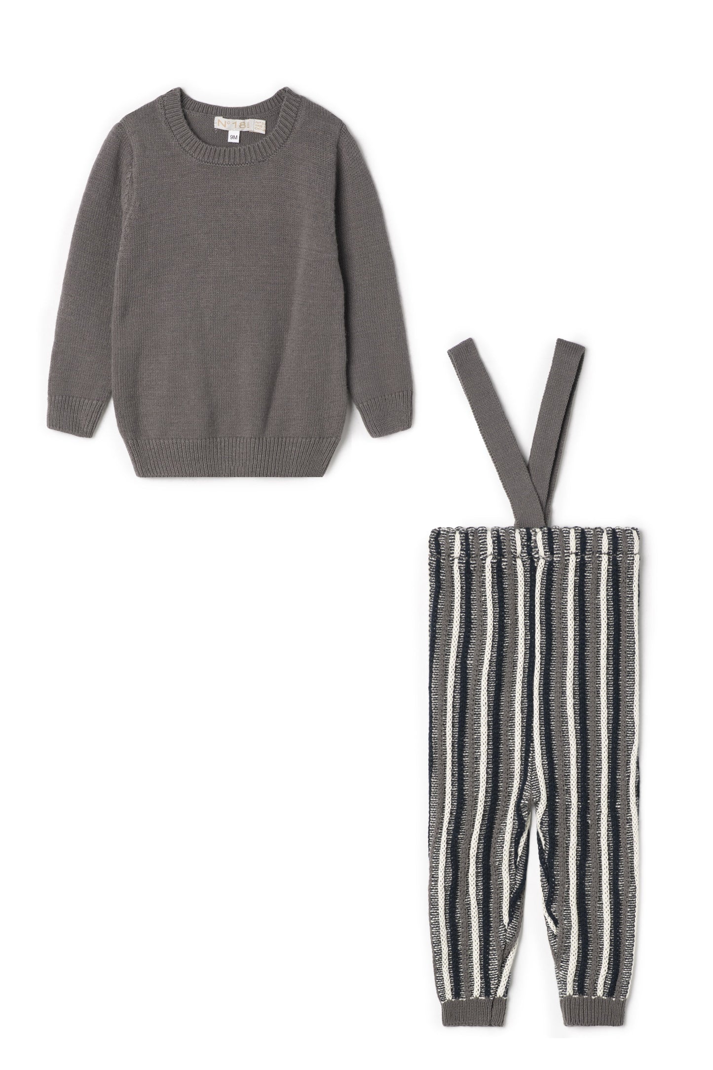 Stripped Overall Sweater Set Grey