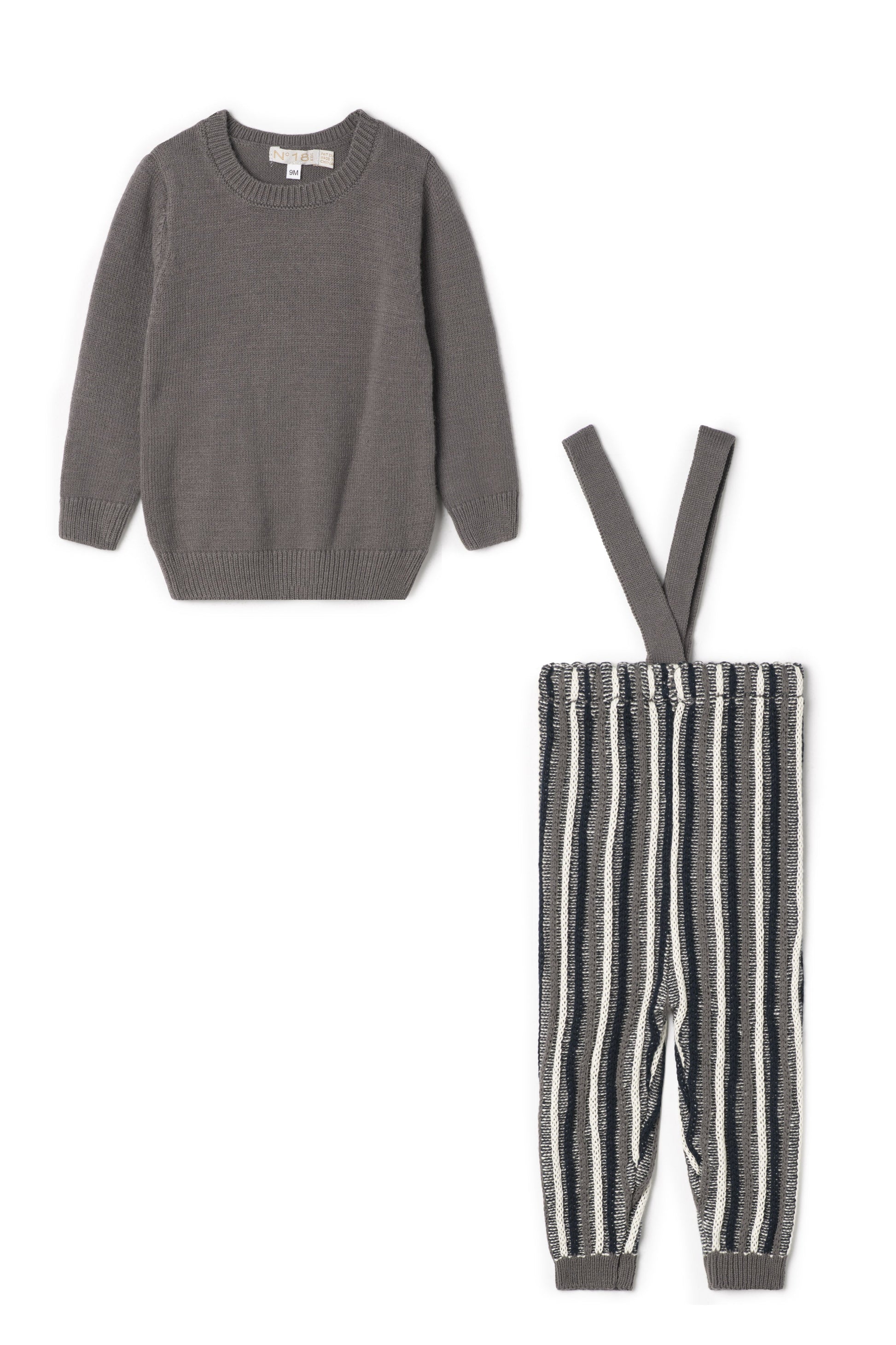 Stripped Overall Sweater Set Grey