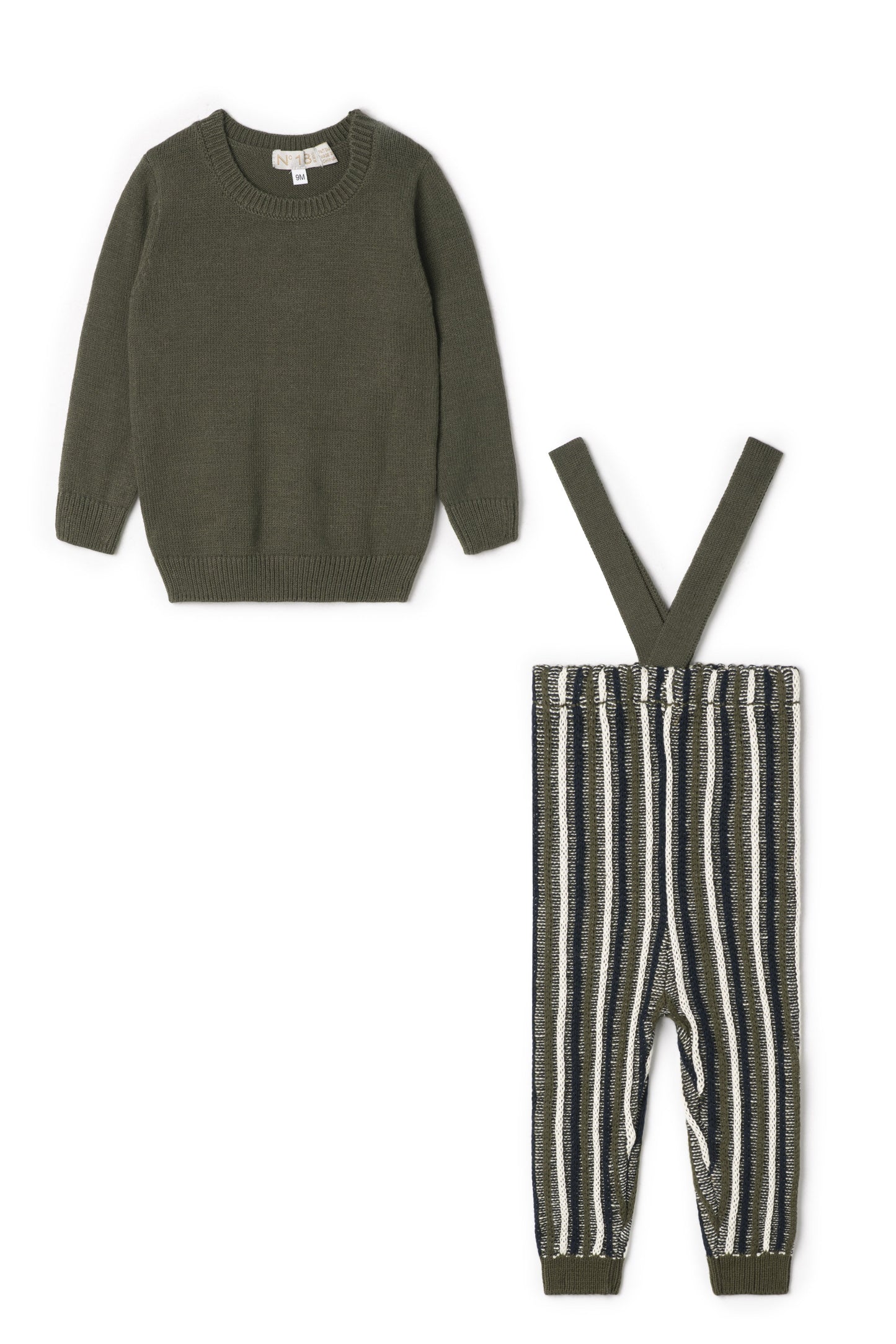 Stripped Overall Sweater Set Olive