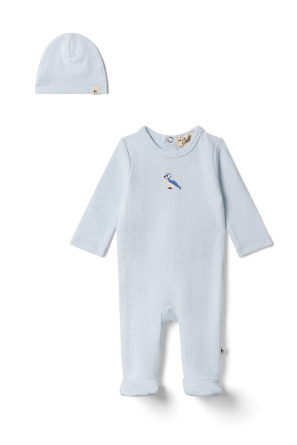 Checkered Bird Applique Onesie Blue