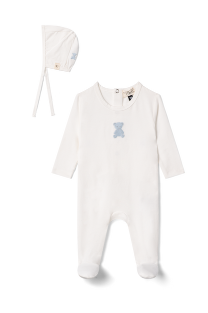 Bear Embroidered Onesie White Blue