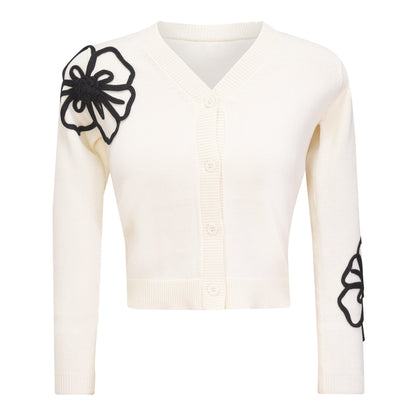 Contrast Embroidered Cardigan Cream