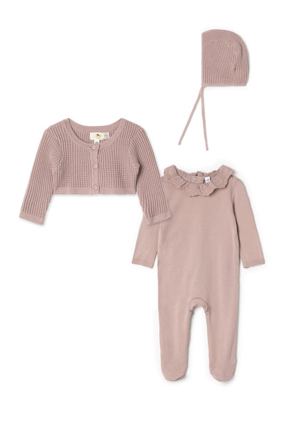 Waffle Knit Onesie Cardigan Set Dark Blush