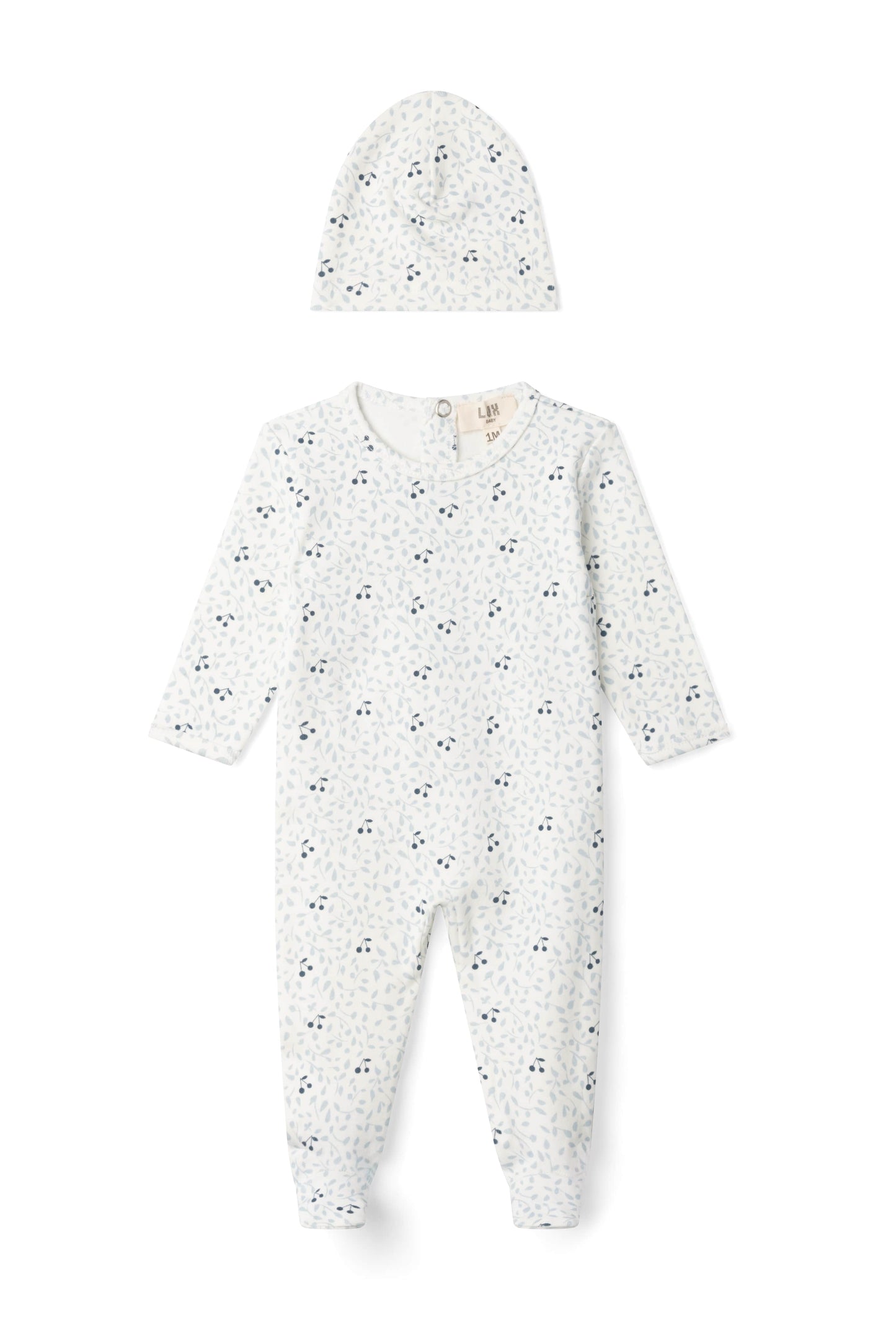 Branch and Cherry Print Onesie Off White Blue