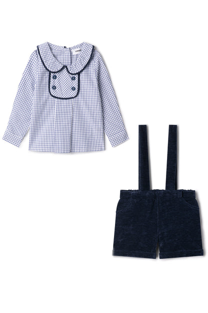 Velvet Checkered Shirt and Overall Set Navy
