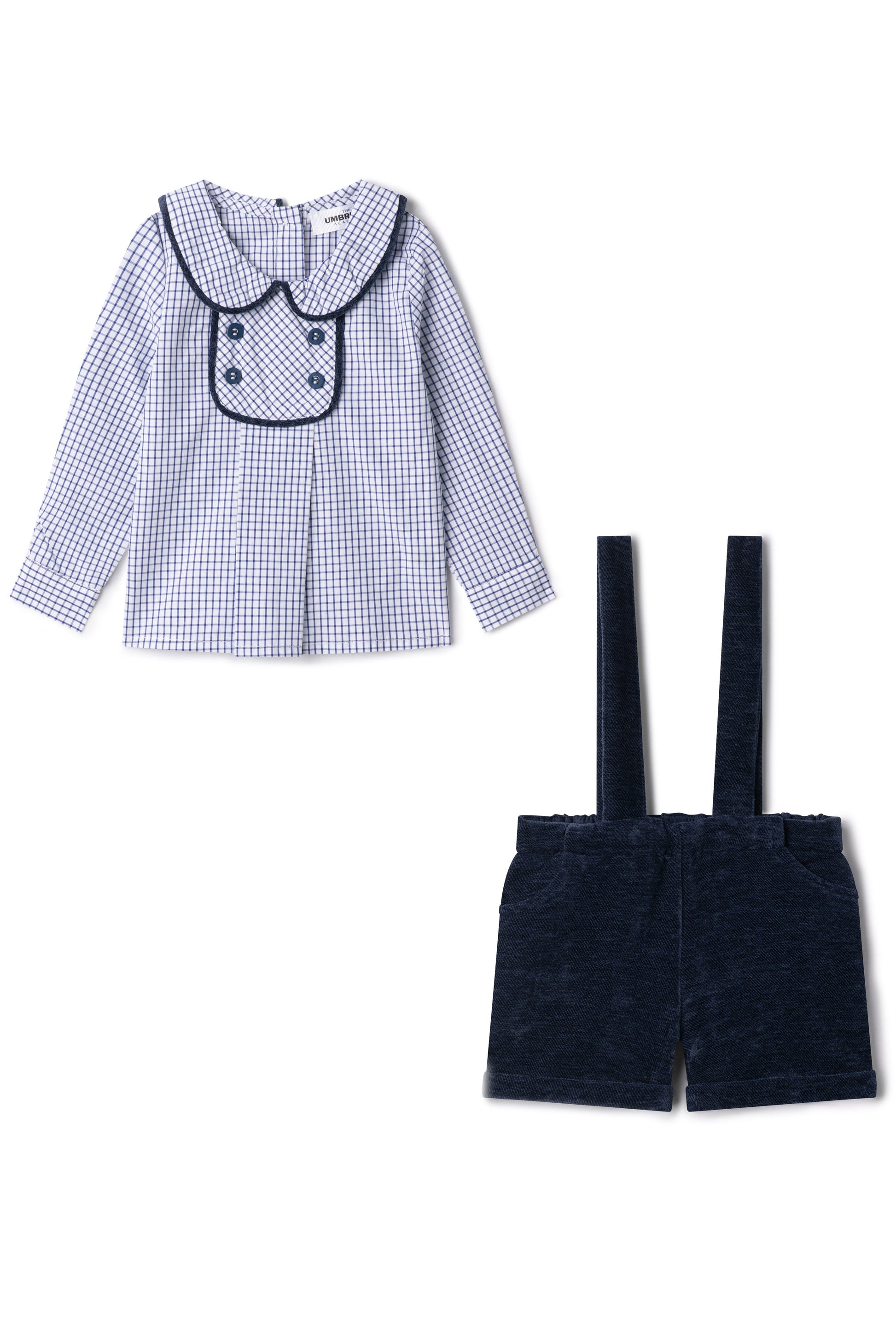 Velvet Checkered Shirt and Overall Set Navy