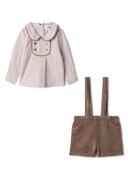 Velvet Checkered Shirt and Overall Set Taupe