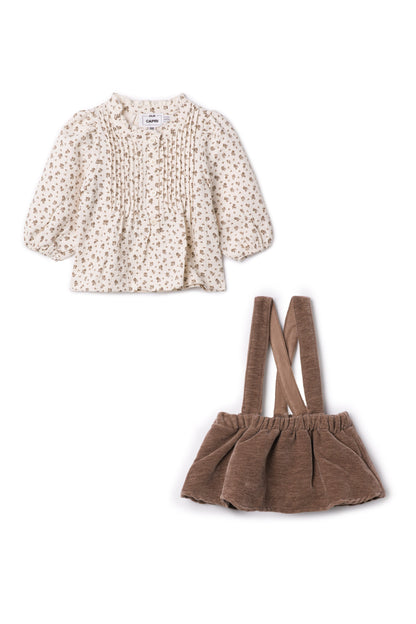 Floral Blouse with Overalls Beige